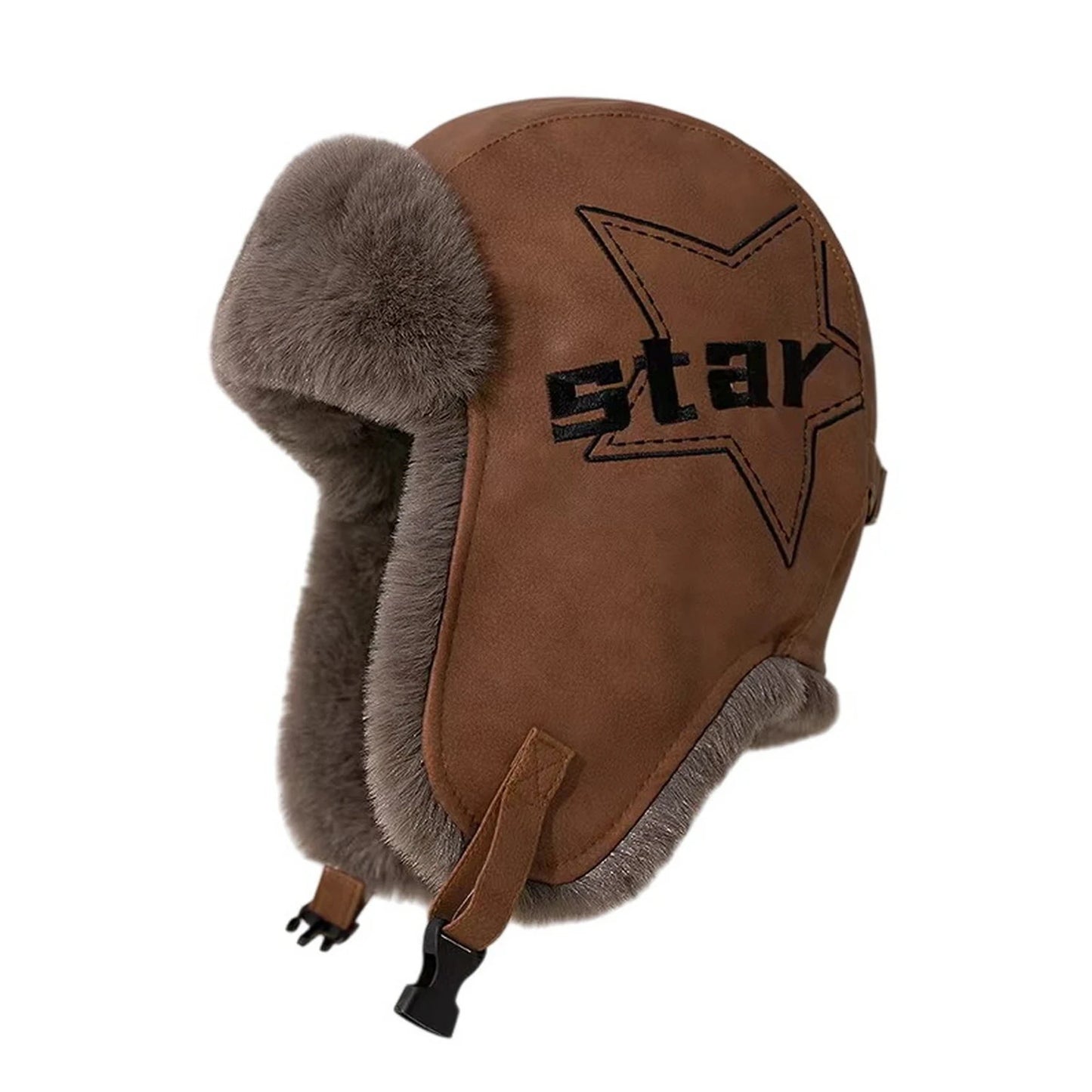 Trapper Hat | Winter Trapper with Star Embroidery & Foldable Ear Flaps – Brown