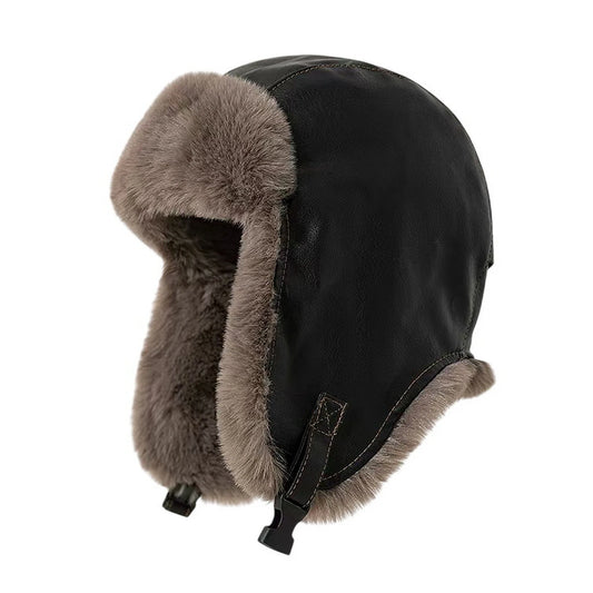 Trapper Hat | Winter Retro Faux Leather Trapper with Foldable Ear Flaps – Black