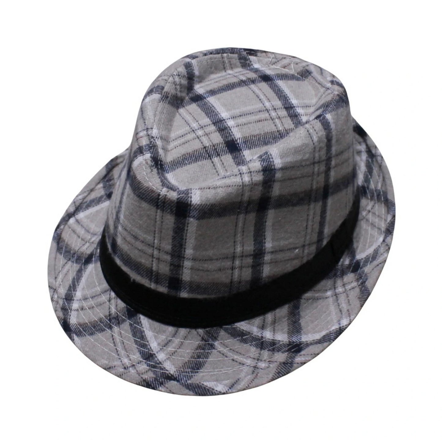 Trilby Hat | Oversized Grey & Navy Plaid with Satin Band – Grey & Navy
