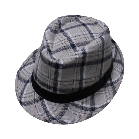 Trilby Hat | Oversized Grey & Navy Plaid with Satin Band – Grey & Navy