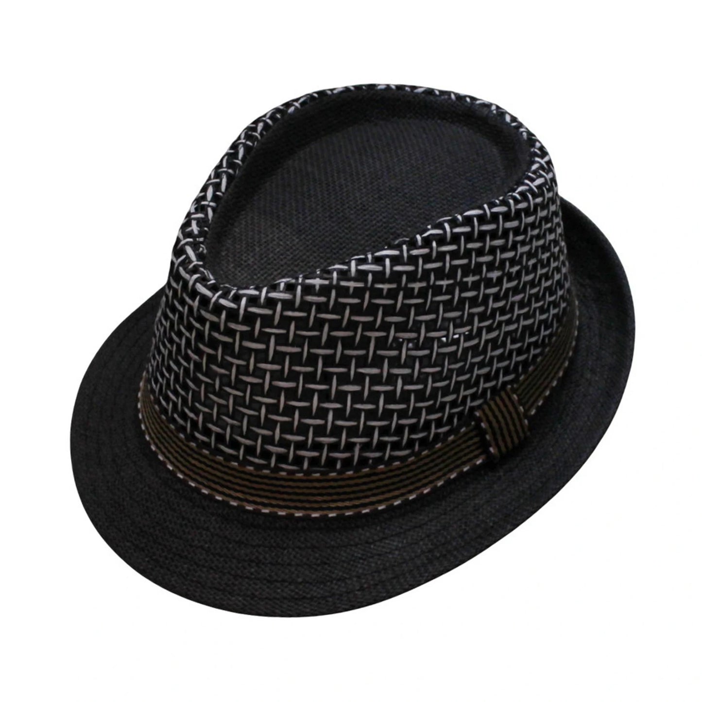 Straw Trilby Hat | Black & White Basket-Weave with Black Band – Black & White
