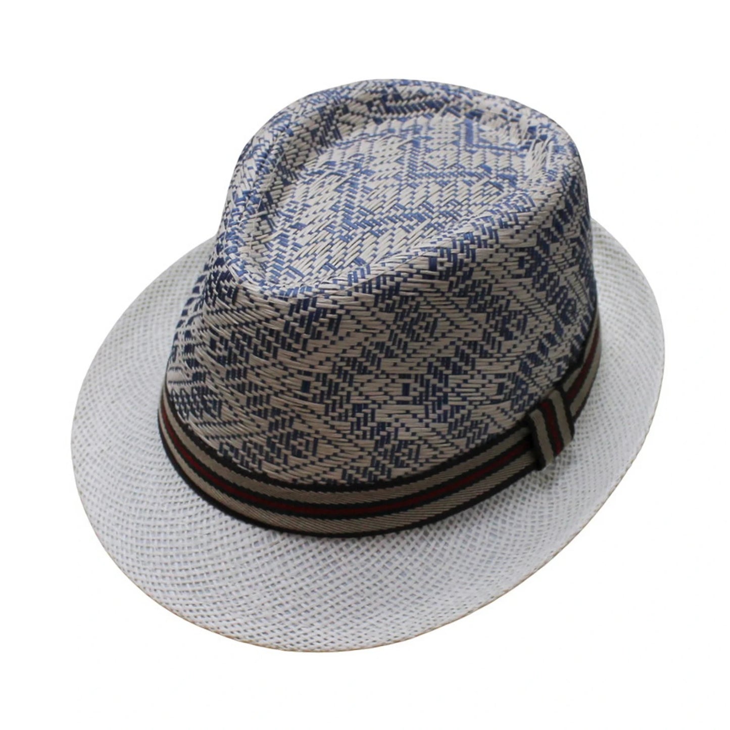 Straw Trilby Hat | Abstract Blue & White Woven with Beige Band – Blue & White