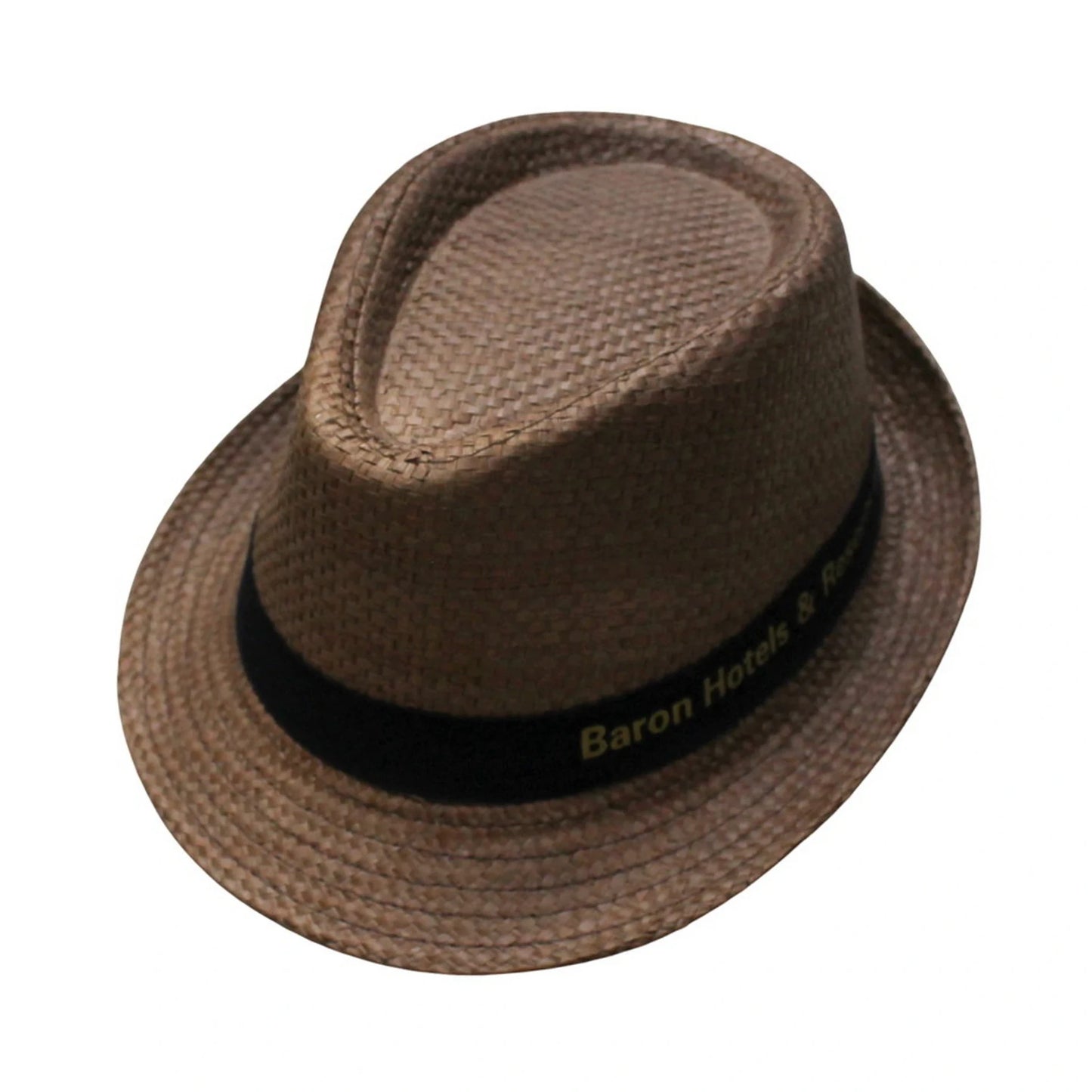 Straw Trilby Hat | Light Brown Straw with Black “Baron Hotels & Resorts” Band – Light Brown