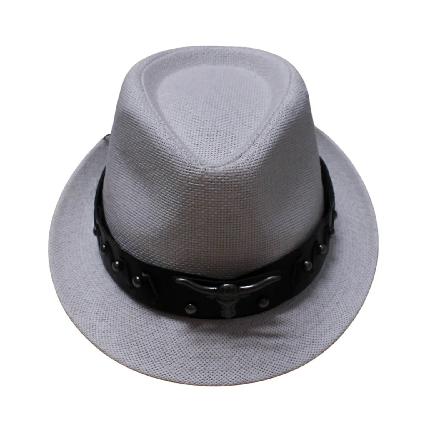 Straw Trilby Hat | Light Grey Straw with Punk Black Faux Leather Band – Light Grey