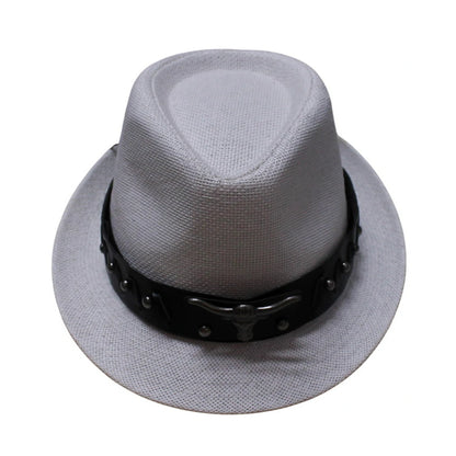 Straw Trilby Hat | Light Grey Straw with Punk Black Faux Leather Band – Light Grey