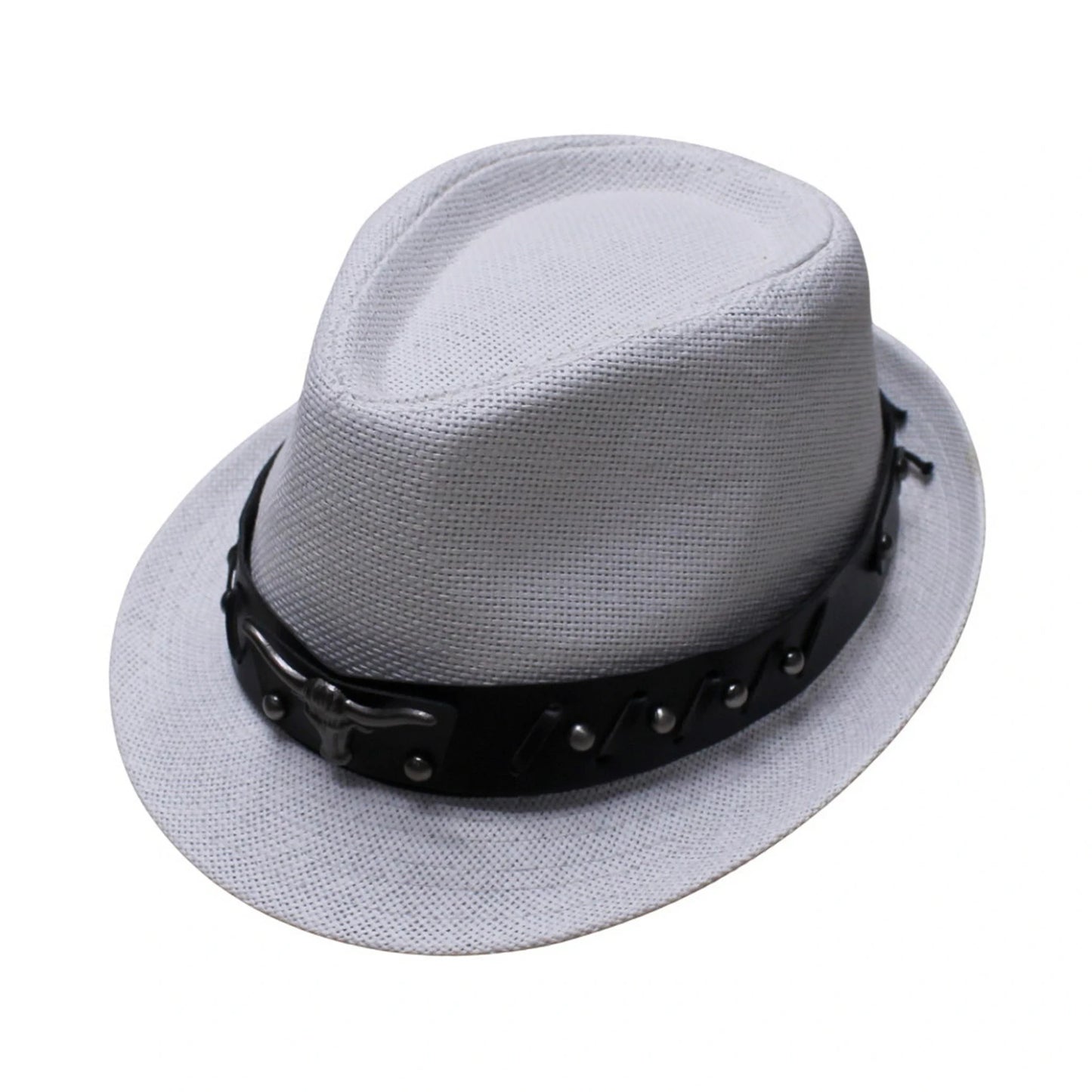 Straw Trilby Hat | Light Grey Straw with Punk Black Faux Leather Band – Light Grey