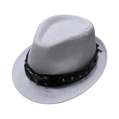 Straw Trilby Hat | Light Grey Straw with Punk Black Faux Leather Band – Light Grey