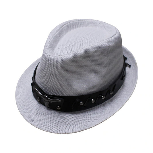 Straw Trilby Hat | Light Grey Straw with Punk Black Faux Leather Band – Light Grey