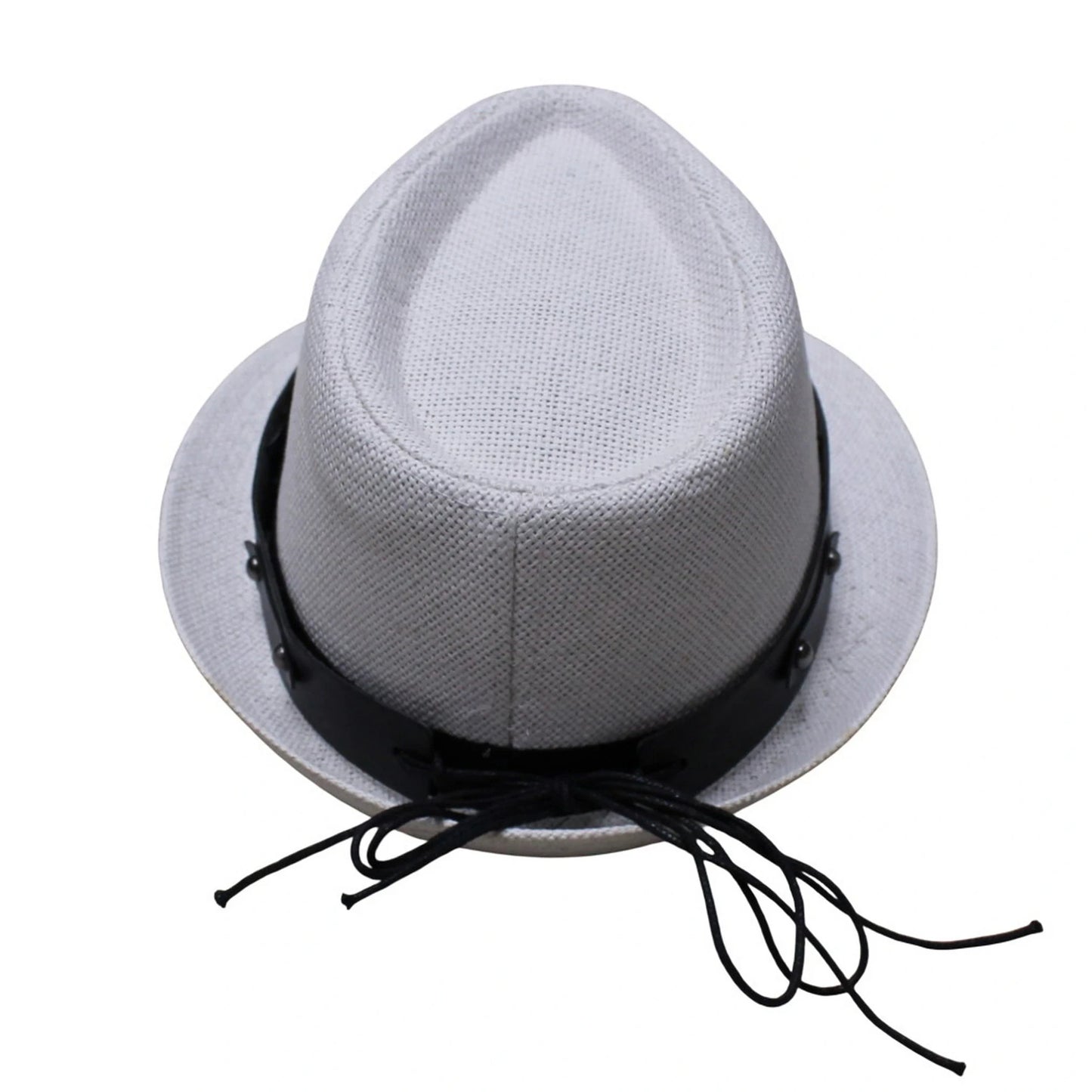 Straw Trilby Hat | Light Grey Straw with Punk Black Faux Leather Band – Light Grey