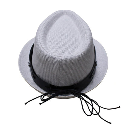 Straw Trilby Hat | Light Grey Straw with Punk Black Faux Leather Band – Light Grey