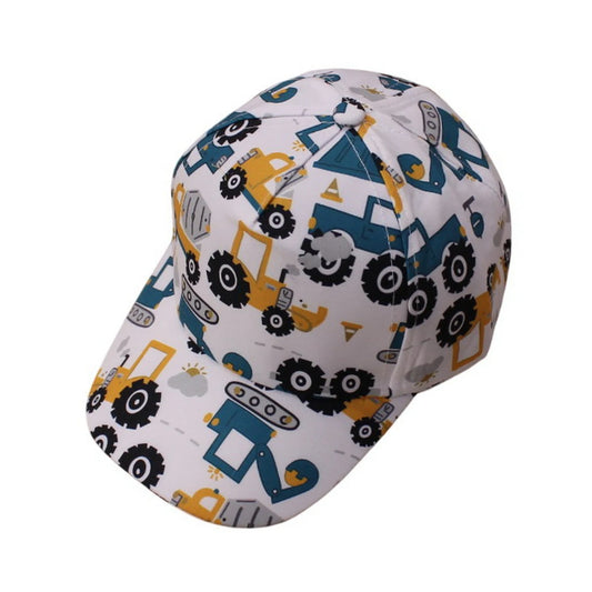Patterned Baseball Cap | Kids Construction Vehicle Print – White
