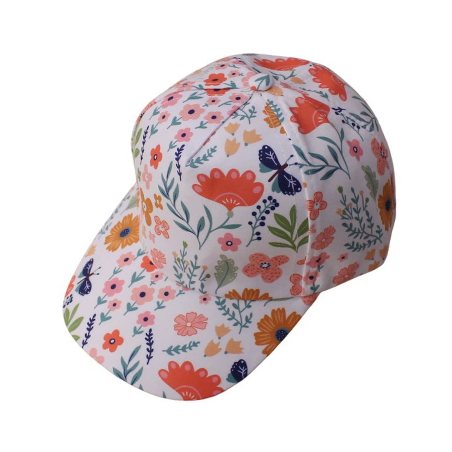 Patterned Baseball Cap | Kids Floral & Butterfly Print – White