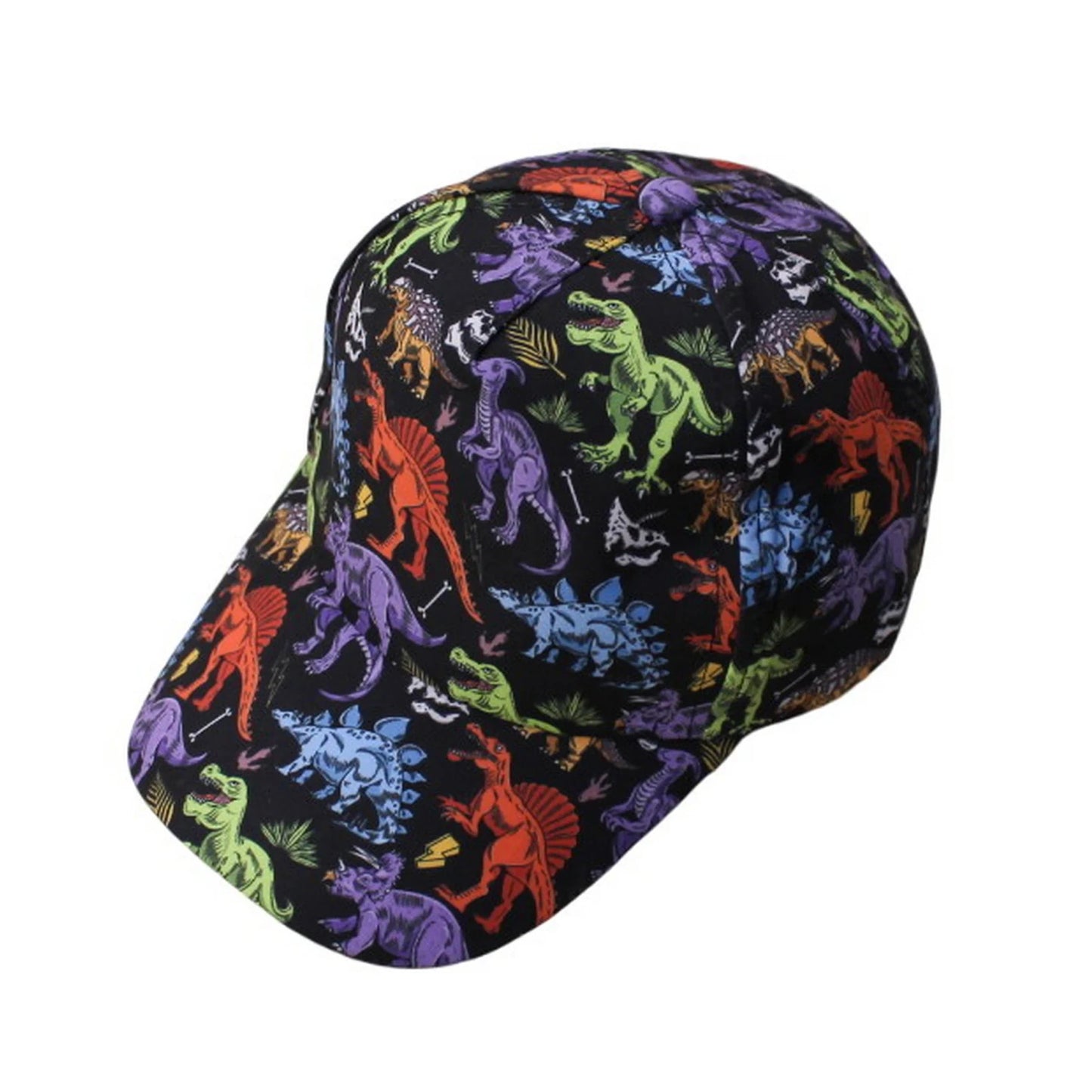 Patterned Baseball Cap | Kids Colorful Dinosaur Print – Black
