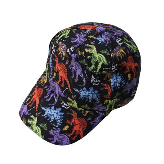 Patterned Baseball Cap | Kids Colorful Dinosaur Print – Black