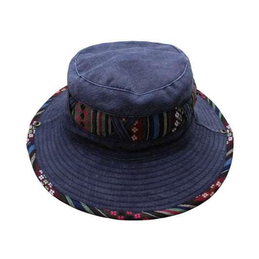 Aussie Hat | Foldable Wide-Brim Washed Denim with Ethnic Trim – Denim Blue