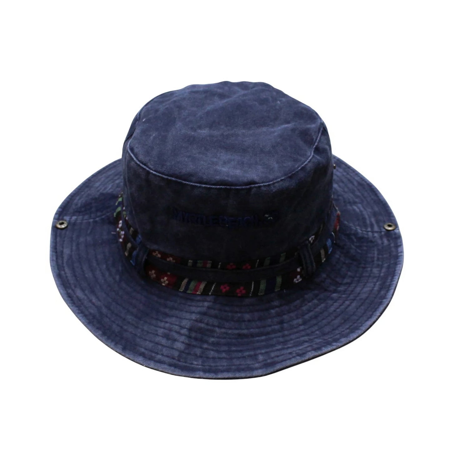 Aussie Hat | Foldable Wide-Brim with Embroidered Ethnic Detail – Washed Denim