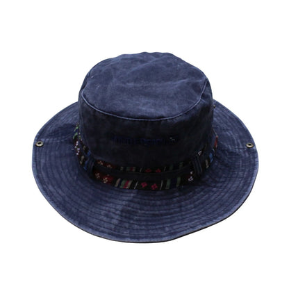 Aussie Hat | Foldable Wide-Brim with Embroidered Ethnic Detail – Washed Denim
