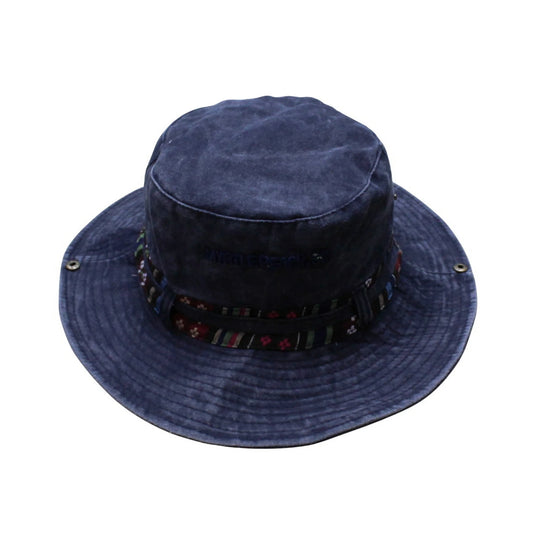 Aussie Hat | Foldable Wide-Brim with Embroidered Ethnic Detail – Washed Denim