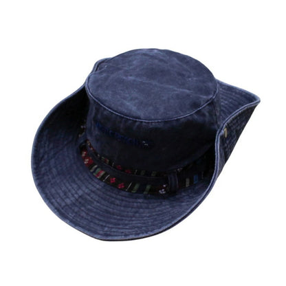 Aussie Hat | Foldable Wide-Brim with Embroidered Ethnic Detail – Washed Denim