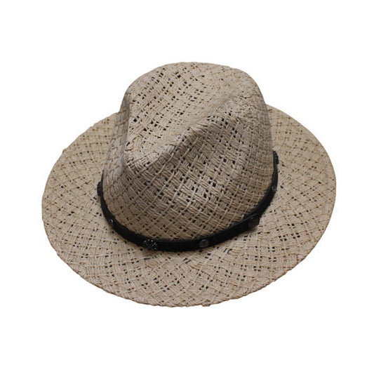 Straw Fedora Hat | Openwork Weave Fedora with Studded Leather Trim – Natural