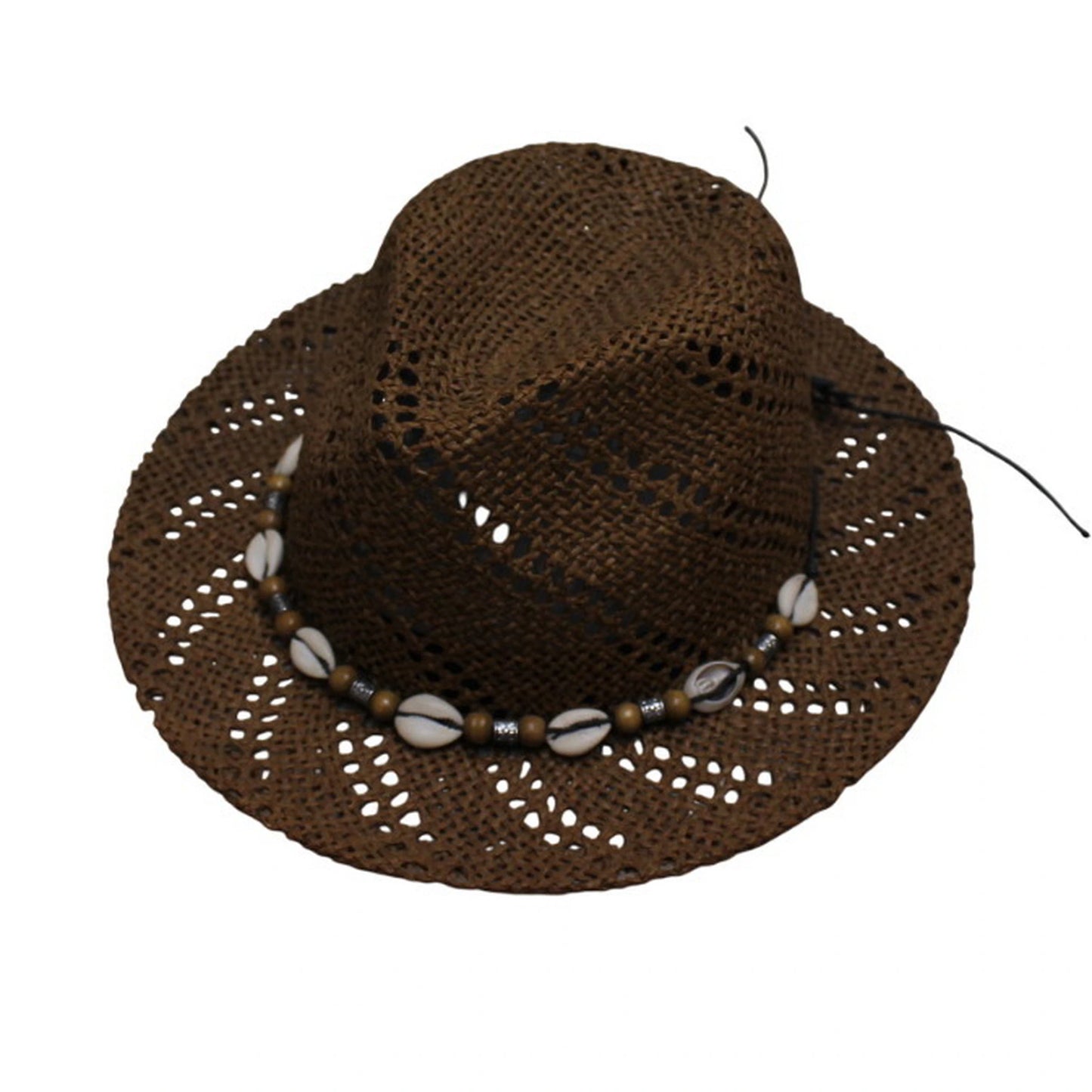 Straw Fedora Hat | Openwork Weave with Shell Bead Trim – Dark Brown