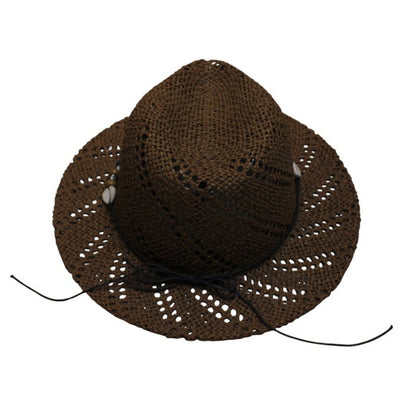 Straw Fedora Hat | Openwork Weave with Shell Bead Trim – Dark Brown