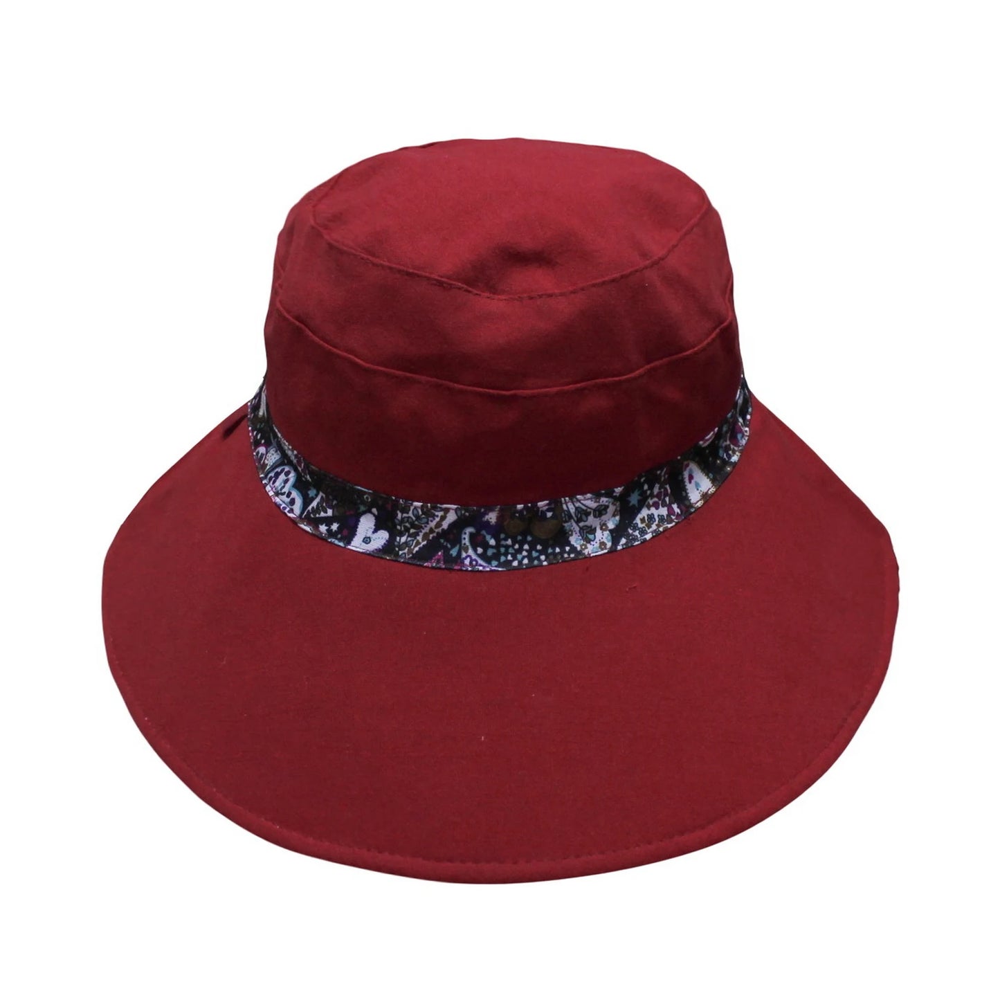 Cotton Hat | Reversible Wide Brim Design with Paisley & Heart Print – Burgundy