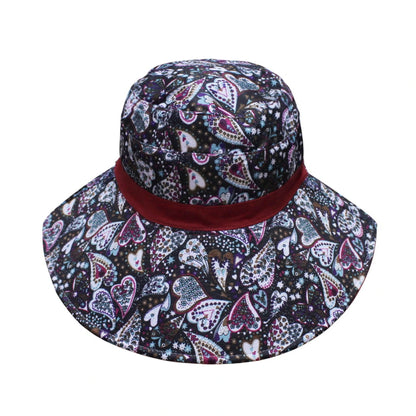 Cotton Hat | Reversible Wide Brim Design with Paisley & Heart Print – Burgundy