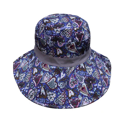 Cotton Hat | Reversible Wide Brim Design with Paisley & Heart Print – Grey