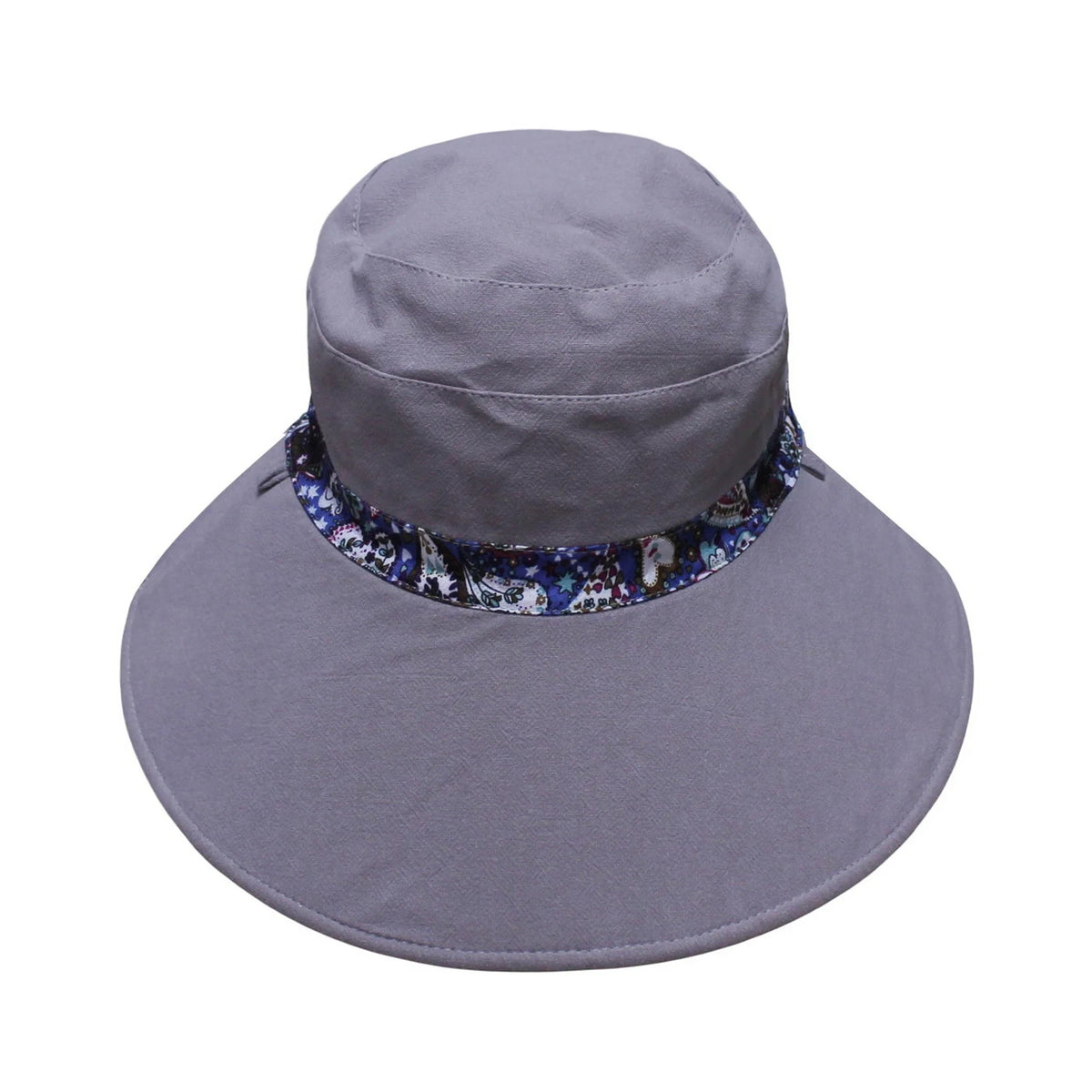 Cotton Hat | Reversible Wide Brim Design with Paisley & Heart Print – Grey