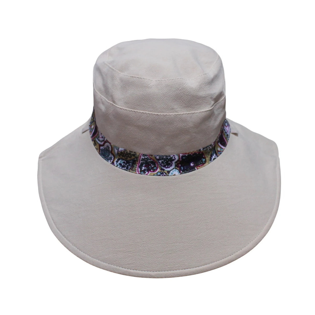 Cotton Hat | Reversible Wide Brim Design with Paisley & Heart Print – Beige