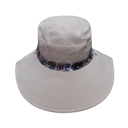 Cotton Hat | Reversible Wide Brim Design with Paisley & Heart Print – Beige