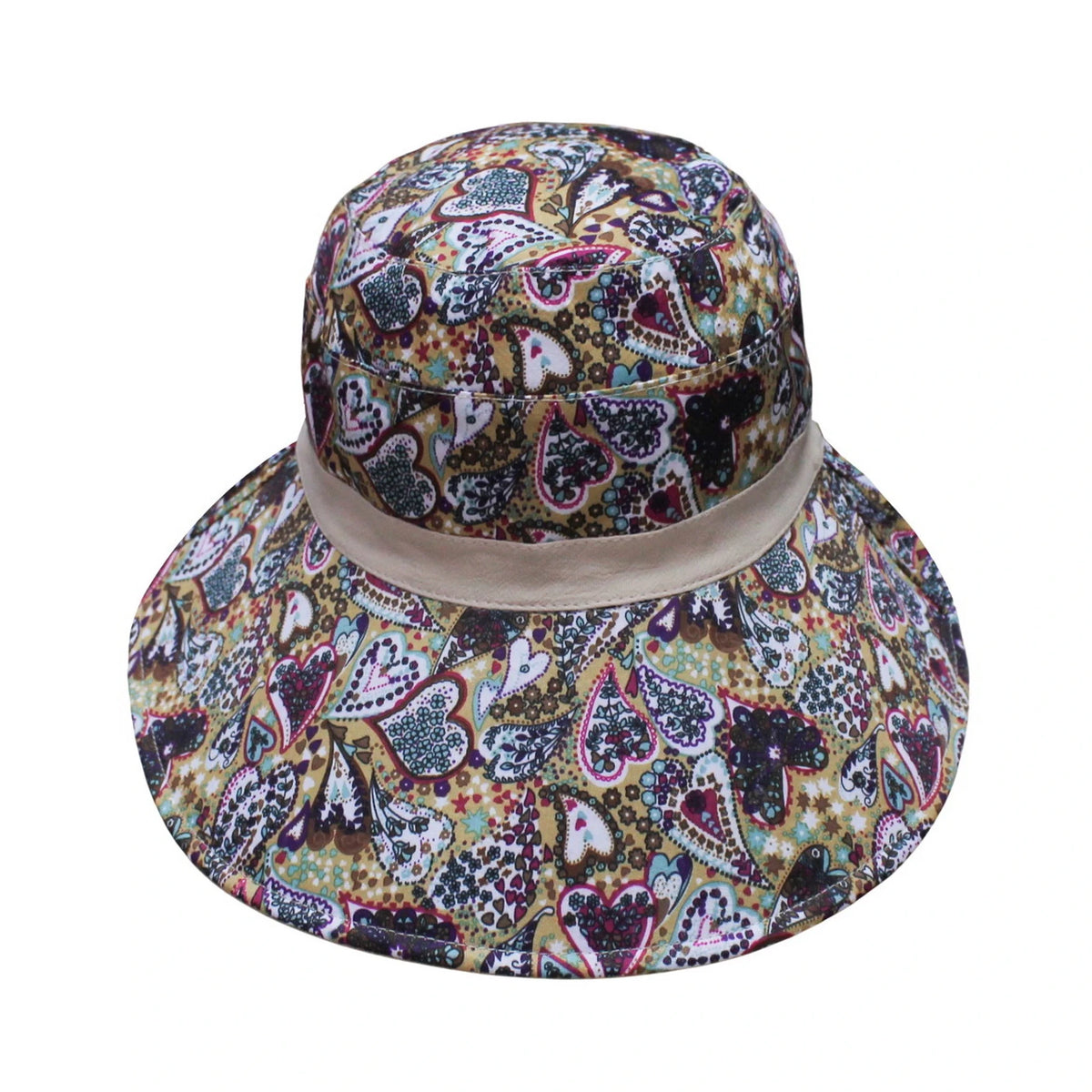 Cotton Hat | Reversible Wide Brim Design with Paisley & Heart Print – Beige