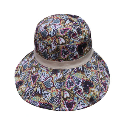 Cotton Hat | Reversible Wide Brim Design with Paisley & Heart Print – Beige