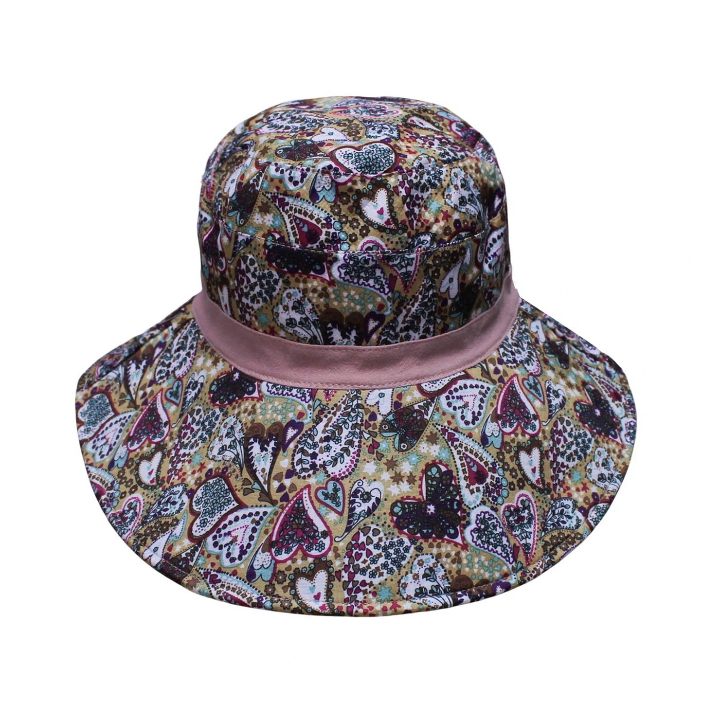 Cotton Hat | Reversible Wide Brim Design with Paisley & Heart Print – Dusty Pink