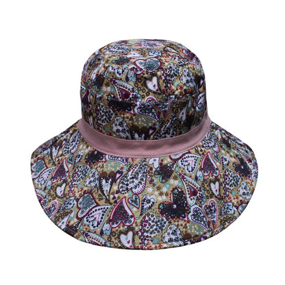 Cotton Hat | Reversible Wide Brim Design with Paisley & Heart Print – Dusty Pink