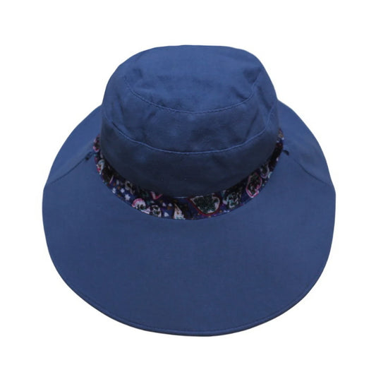 Cotton Hat | Reversible Wide Brim Design with Paisley & Heart Print – Navy Blue