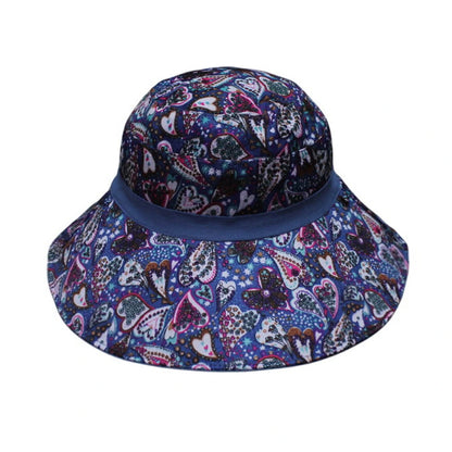 Cotton Hat | Reversible Wide Brim Design with Paisley & Heart Print – Navy Blue