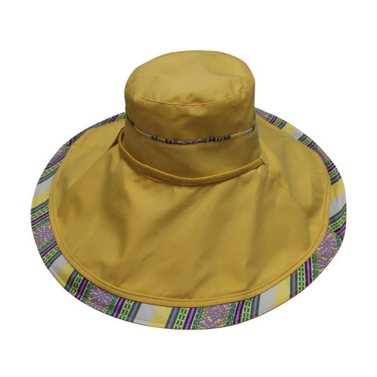 Cotton Hat | Wide Brim with Ethnic Trim – Mustard Yellow