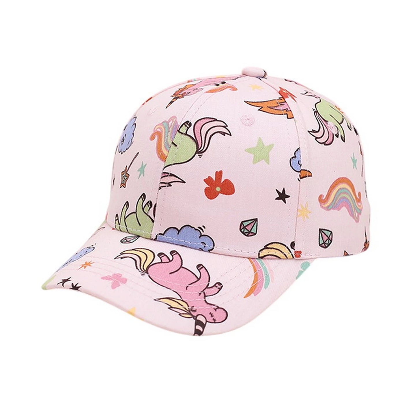 Patterned Baseball Cap | Kids Playful Unicorn & Rainbow Print – Soft Pink