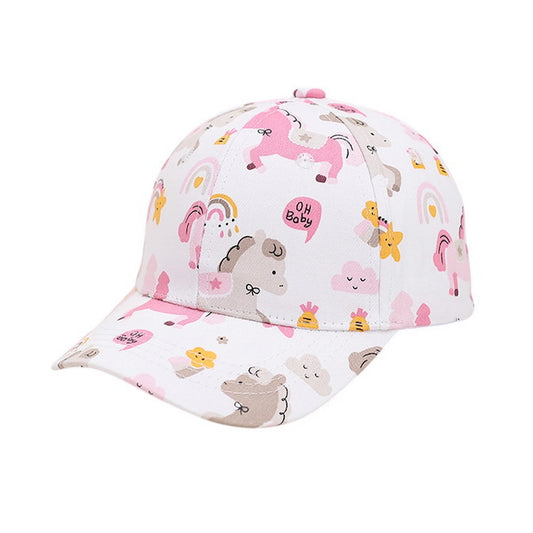 Patterned Baseball Cap | Kids Pastel Cartoon Bear & Rainbow Print – White