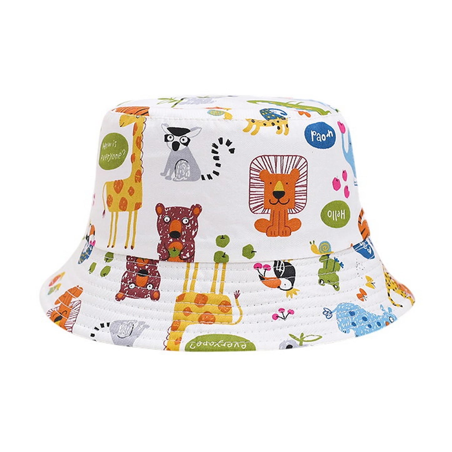Patterned Bucket Hat | Kids Playful Jungle Animal Print – White