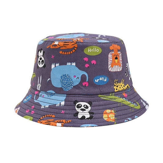 Patterned Bucket Hat | Kids Cartoon Zoo Animal Print – Charcoal Grey