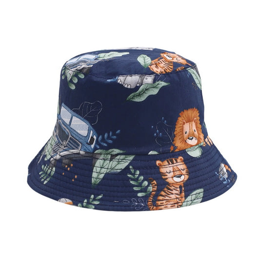 Patterned Bucket Hat | Kids Safari Adventure Print – Navy Blue