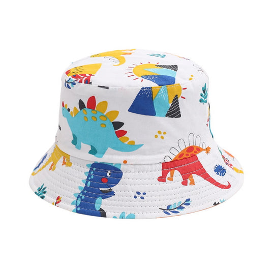 Patterned Bucket Hat | Kids Cartoon Dinosaur & Geometric Print – White