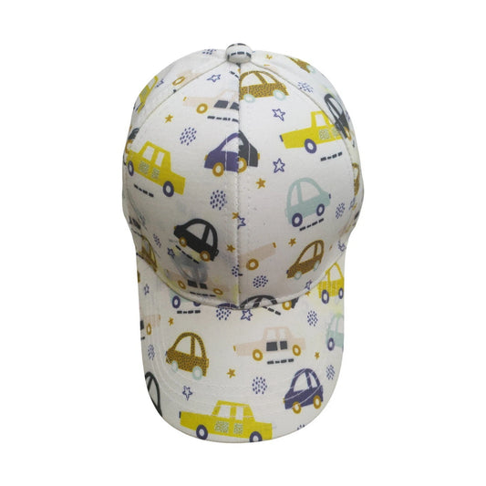 Patterned Baseball Cap | Kids Colourful Car Print – White