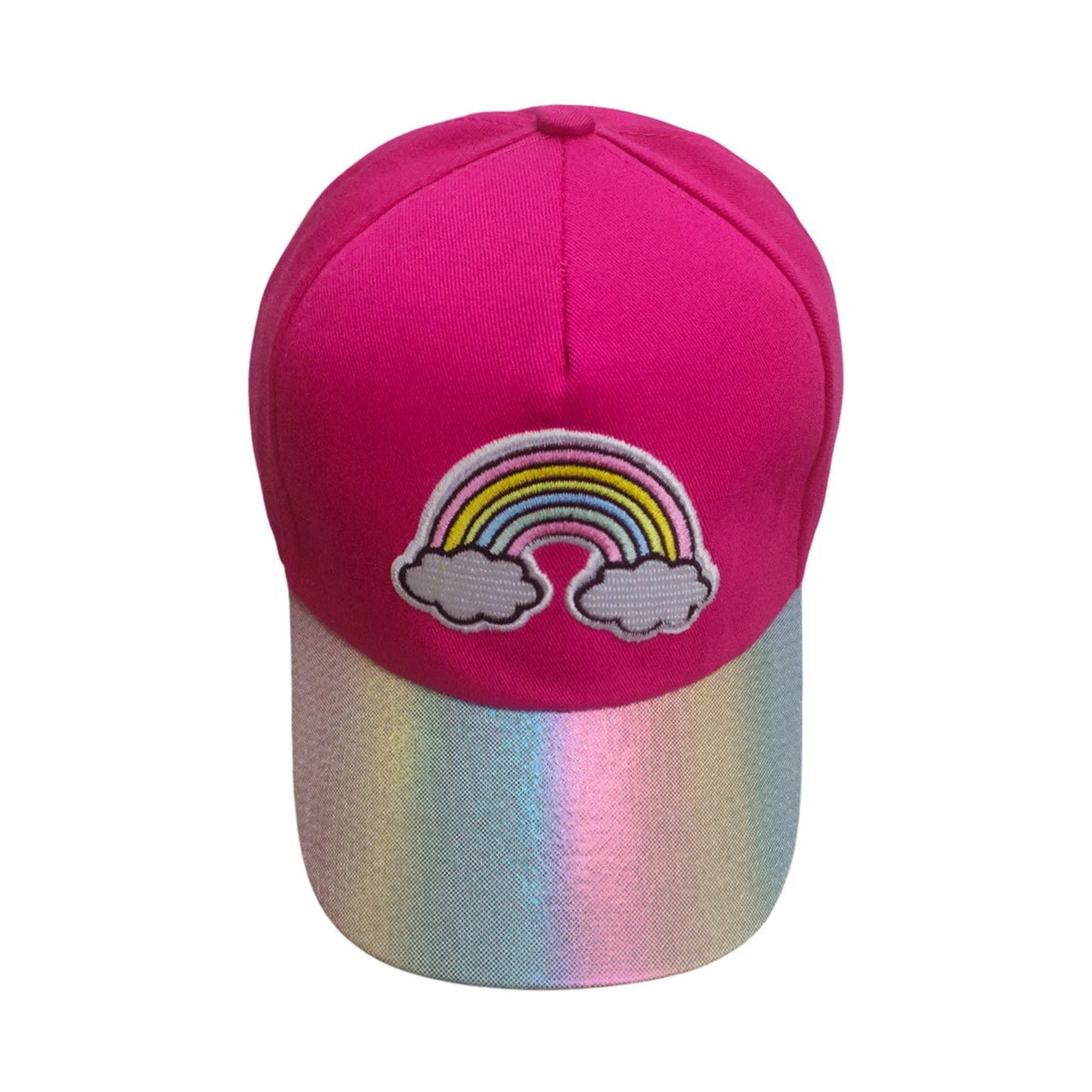 Patterned Baseball Cap | Kids Rainbow Cloud Embroidery & Iridescent Brim – Hot Pink