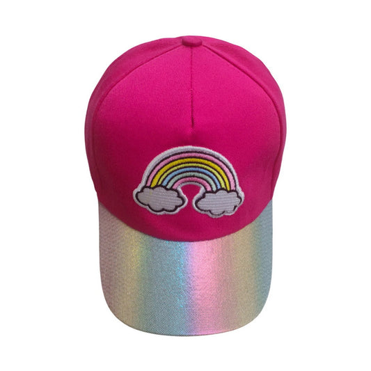 Patterned Baseball Cap | Kids Rainbow Cloud Embroidery & Iridescent Brim – Hot Pink