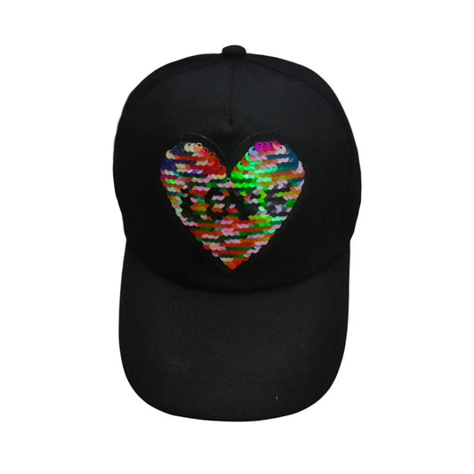 Patterned Baseball Cap | Kids Iridescent Sequin Heart – Black