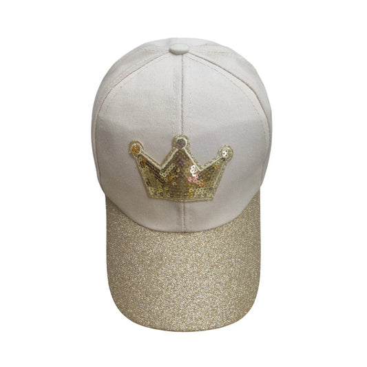 Patterned Baseball Cap | Kids Sequin Crown Glitter Brim – Beige